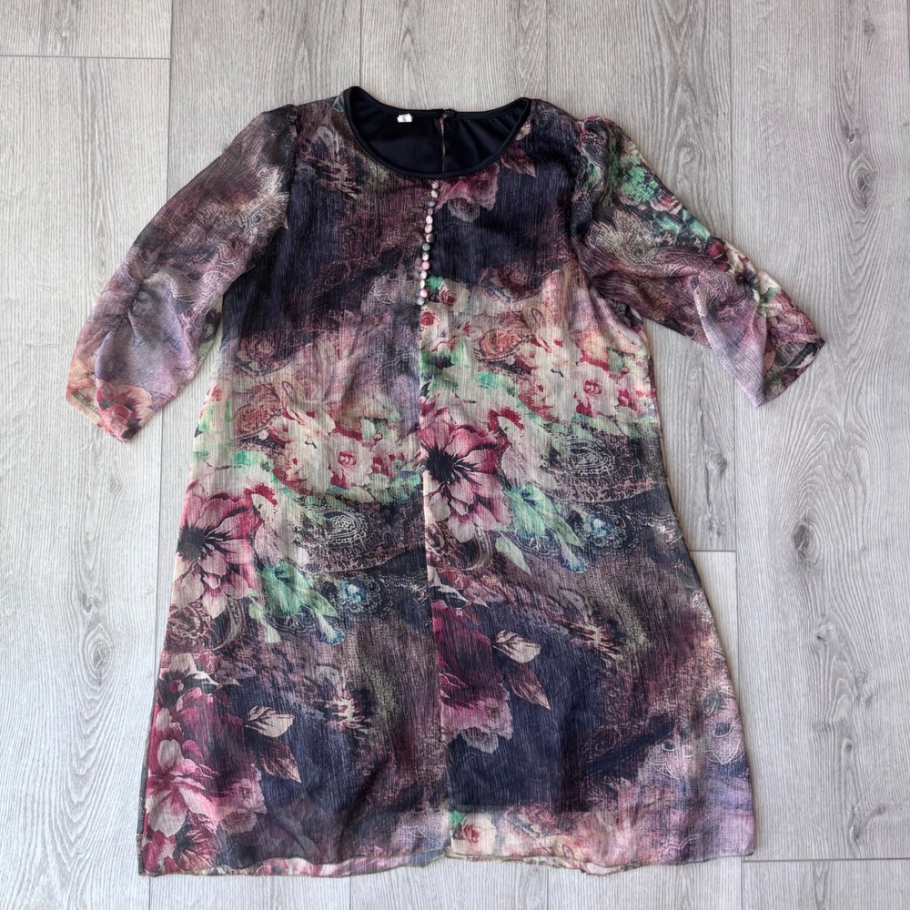 Ziyueliang Floral Paisley Shift Dress Purple Green Pink Medium 3/4 Sleeve
